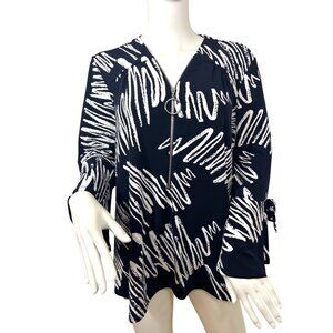 Joseph Ribkoff Navy White Abstract Print Blouse Zip Bell Sleeve Bow V-Neck Stret